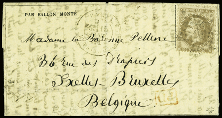 N°30 OBL étoile 22 + CAD "Paris R. Taitbout" (15 janv 71) sur ballon monté pour Ixelles-Bruxelles (21 janv 71) (La Poste de Paris). TB