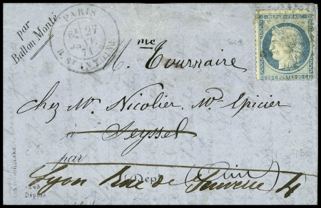 N°37 OBL étoile 21 + CAD "Paris R. St Antoine" (27 janv 71) sur ballon monté pour Seyssel (Ain) réexpédié à Lyon (arrivée 3 fev 71) (Le Général Cambronne)