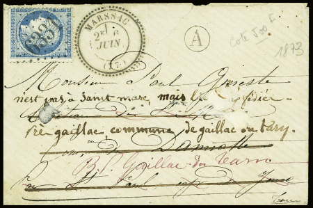N°60 OBL GC 6331 + T24 "Marsac (77)" (1873) sur lettre, ind 19. TB
