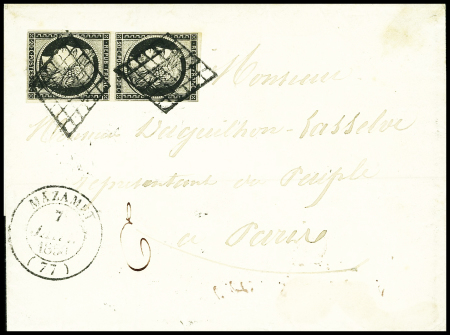 N°3 en paire OBL grille + T13 Mazamet (1850) sur lettre, ind 15. TB