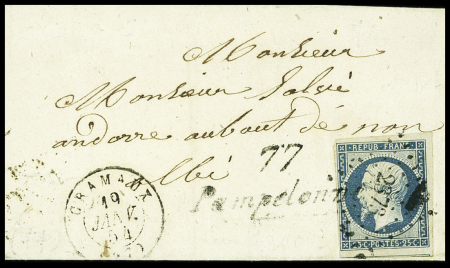 N°10 OBL PC 2873 + cursive "77 Pampelonne" + T15 "Cramaux (77)" (1854) sur lettre. TB