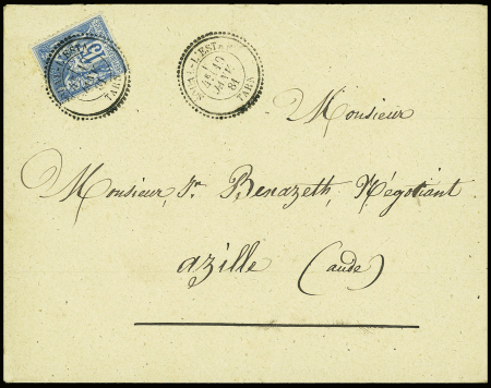 N°90 OBL CAD perlé T25 "Soual l'Estap Tarn" (1881) répété à côté sur lettre. TB