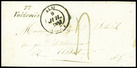Lettre avec cursive "77 Valderiès" + T14 Albi (1847), ind 16. TB