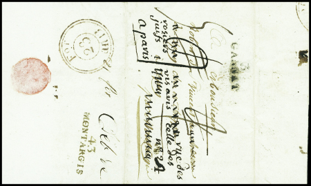Lettre de Gannat pour Montargis réexpédiée à Paris (1805) avec au verso déboursé partiellement manuscrit "Deb de 43 Montargis", ind 20. rare et TB