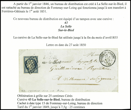 N°4 OBL grille + cursive "La Celle sur le Bied" + T15 "Fontenay-s-Loing 43" (1850) sur lettre, ind 21. TB