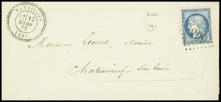 N°60 OBL GC 6060 + T24 "Sandillon (43)" (1872) sur lettre, ind 19. TB