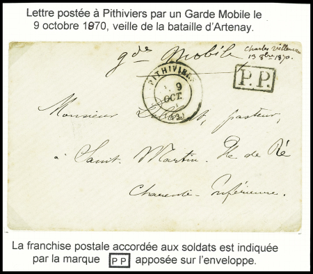 4 lettres de militaires dans le Loiret en 1870 - 1871 : Pithiviers - Montargis - Orléans (2) + 2 cartes commémoratives. TB