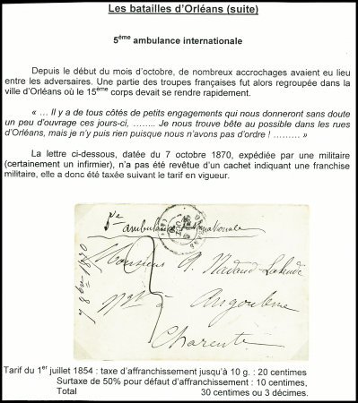 Lettre en franchise avec T17 Orléans (oct 1870) + mention manuscrite "5e ambulance internationale" et taxe 3 manuscrite. TB
