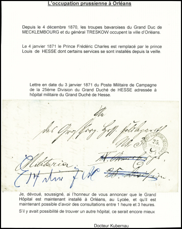 Lettre d'un soldat prussien à Orléans avec CAD "Feldpost D. Grossh. Hessischen 25 division" (3.1.1871 - Orléans). TB