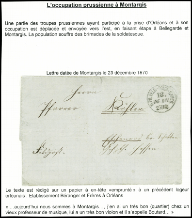 Lettre datée de Montargis avec CAD "K. PR. FELDPOST EXPED 18 INF DIV" (27.12.70). TB