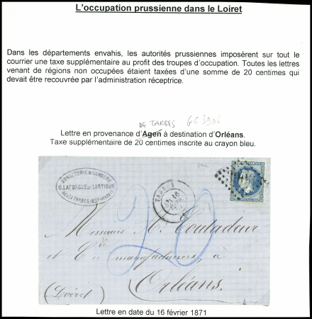 N°29 OBL GC 3906 + T17 Tarbes (16 fev 71) sur lettre pour Orléans avec taxe allemande 20 au crayon bleu. TB