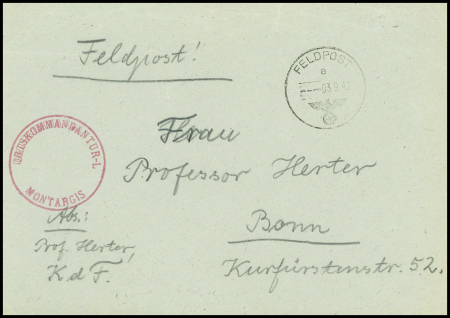 Lettre en franchise avec CAD "Feldpost" (1942) + cachet rouge "Ortskommandantur - L Montargis". TB