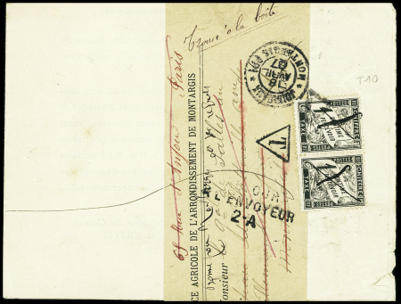 Imprimé sous bande avec CAD 2 cercles "Journaux Montargis PP1" (1907) + taxe n°10, 1c noir en paire. TB