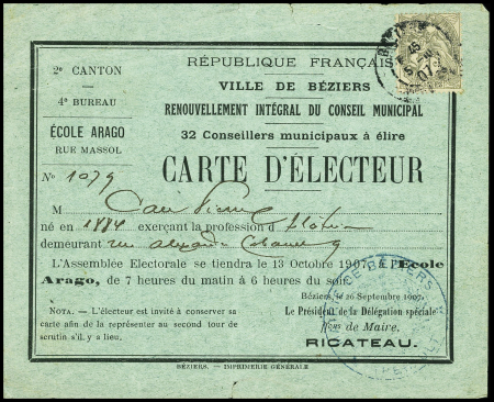 N°107 OBL Béziers (1907) sur carte d'électeur pour le renouvellement du conseil municipal + n°107A OBL Montreuil Bellay (1928) sur env. à en-tête