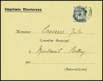 N°107 OBL Béziers (1907) sur carte d'électeur pour le renouvellement du conseil municipal + n°107A OBL Montreuil Bellay (1928) sur env. à en-tête