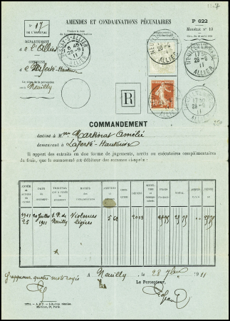 2 commandements recommandés des impôts AFF à 11c, AFF n°107 + 138 OBL Neuilly le Réal Allier (1911) et Redon (1907). TB