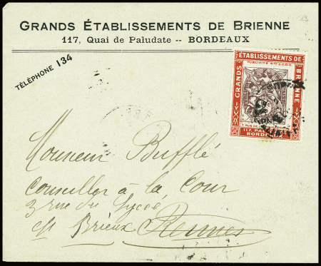 N°108 OBL Bordeaux (1909) sur porte-timbre rouge "Grands établissements de Brienne" sur lettre + n°108 sur 2 porte-timbres "Un Mignon Marseillan"