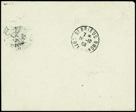 N°108 OBL Bordeaux (1909) sur porte-timbre rouge "Grands établissements de Brienne" sur lettre + n°108 sur 2 porte-timbres "Un Mignon Marseillan"