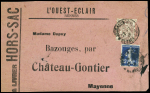 N°108 + 140 OBL CAD "Journaux PP Rennes-Gare" (1916) sur étiquette hors sac "L'Ouest-Eclair". TB