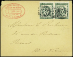 N°111, 2 pièces, OBL Paris 10 (1909) sur porte-timbre vert "Guerre à l'alcool" en paire sur lettre, TB