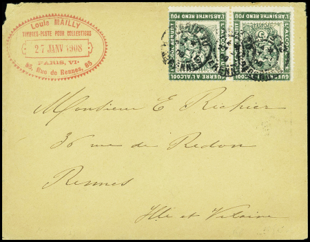 N°111, 2 pièces, OBL Paris 10 (1909) sur porte-timbre vert "Guerre à l'alcool" en paire sur lettre, TB
