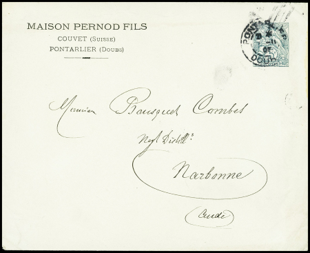 Entier env, 5c vert type Blanc TSC maison Pernod fils (BLA E6i) OBL Pontarlier (1905), TB