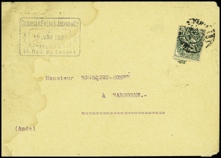 2 lettres : n°111 perforé "DB" (Debayser frères Paris) et n°111 + 103 perforés "OD" (Origet et Destreicher Paris)