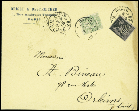 2 lettres : n°111 perforé "DB" (Debayser frères Paris) et n°111 + 103 perforés "OD" (Origet et Destreicher Paris)