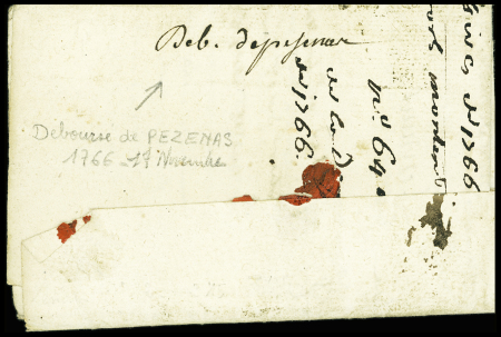 Lettre avec au verso marque manuscrite "Deb de Pezenas (17 nov 1766 - L9), ind 18. TB
