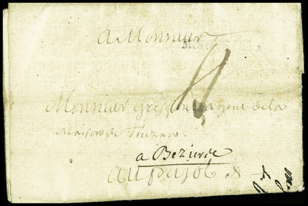 Lettre avec au verso marque manuscrite "Deb de Pezenas (17 nov 1766 - L9), ind 18. TB