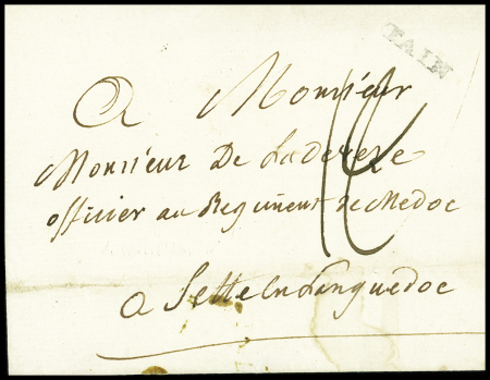 Lettre avec MP "Tain" pour "Sette en Languedoc" et au verso MP partiellement manuscrite "Deb Pezenas" (1789 - ind 18)