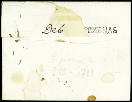 Lettre avec MP "Tain" pour "Sette en Languedoc" et au verso MP partiellement manuscrite "Deb Pezenas" (1789 - ind 18)