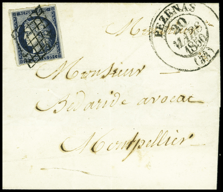 N°4 OBL grille + T13 Pézenas (20 mars 1850) sur lettre, ind 14. TB