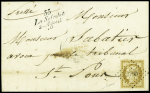 N°1 10c bistre sur jaune OBL PC 2790 + cursive "33 La Salvetat-s-Agout" (8 mai 1852) sur lettre. TB