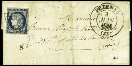 N°4 OBL grille + cursive "St Thibery" + T13 "Pézenas (33)" (1851) sur lettre