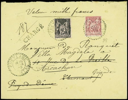N°97 + 98 OBL CAD perlé B2 "Cheylade Cantal" (1900) sur lettre chargée (VD 1000F). TB
