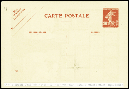 Carte postale 90c semeuse rouge avec repiquage expo philatélique de Clermont-Ferrand (SEC T2H) avec dédicace manuscrite de Draim. TB