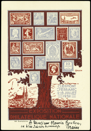 Carte postale 90c semeuse rouge avec repiquage expo philatélique de Clermont-Ferrand (SEC T2H) avec dédicace manuscrite de Draim. TB