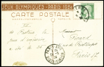 Carte postale 15c Pasteur vert TSC JO 1924 avec illustration Tennis (PAS B1H) OBL. TB