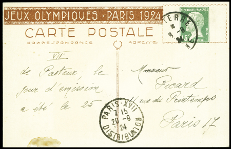 Carte postale 15c Pasteur vert TSC JO 1924 avec illustration Tennis (PAS B1H) OBL. TB