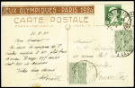 Carte postale 15c Pasteur vert TSC JO 1924 avec illustration Rugby (PAS B1F) OBL Paris (1.9.24) avec texte de M.Picard indiquant le tirage de 597 séries