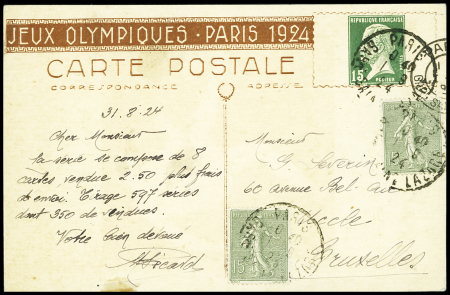 Carte postale 15c Pasteur vert TSC JO 1924 avec illustration Rugby (PAS B1F) OBL Paris (1.9.24) avec texte de M.Picard indiquant le tirage de 597 séries