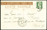 Carte postale 15c Pasteur vert TSC JO 1924 avec illustration course à pied OBL Nanterre (18.9.24) (PAS B1c). TB