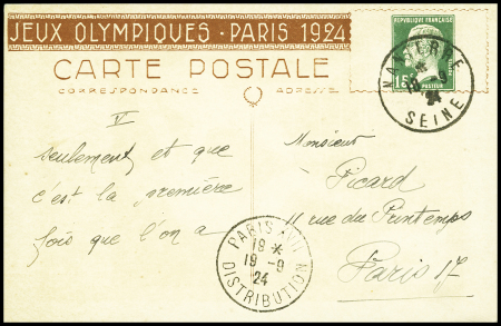 Carte postale 15c Pasteur vert TSC JO 1924 avec illustration Boxe OBL Nanterre (18.9.24) (PAS B1B). TB