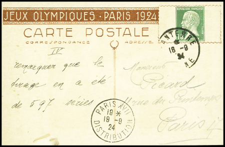 Carte postale 15c Pasteur vert TSC JO 1924 avec illustration Javelot (PAS BA d) OBL Nanterre (18.9.24). TB