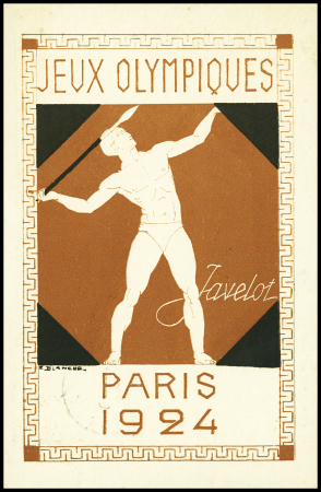 Carte postale 15c Pasteur vert TSC JO 1924 avec illustration Javelot (PAS BA d) OBL Nanterre (18.9.24). TB