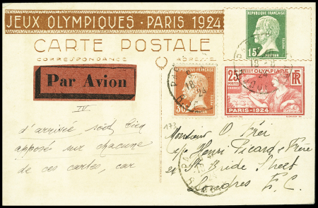 Carte postale 15c Pasteur vert TSC JO 1924 avec illustration Saut (PAS B1G) avec complément par n°173 + 184 pour Londres OBL Paris (18.8.24)