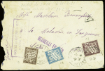 Grande Pêche : lettre non affranchie avec CAD pointillé "St Pierre et Miquelon" (25.5.38) + timbres-taxe n° 28 + 29 + 37 avec griffe violette