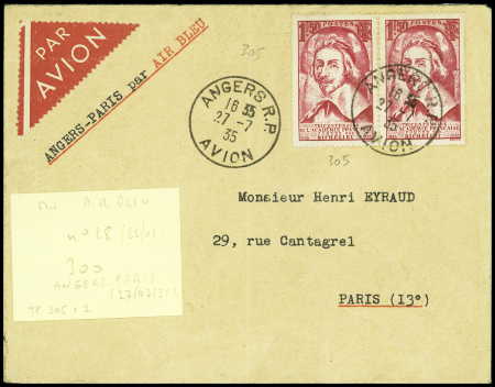N°305 en paire OBL CAD "Angers RP avion" (27.7.35) sur lettre pour Paris par Air Bleu. TB