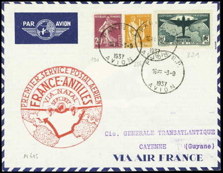 N°321 10F Traversée de l'Atlantique + 190 + 286 OBL CAD horoplan "Paris RP Avion" (3.9.37) sur lettre pour Cayenne avec grand cachet rouge